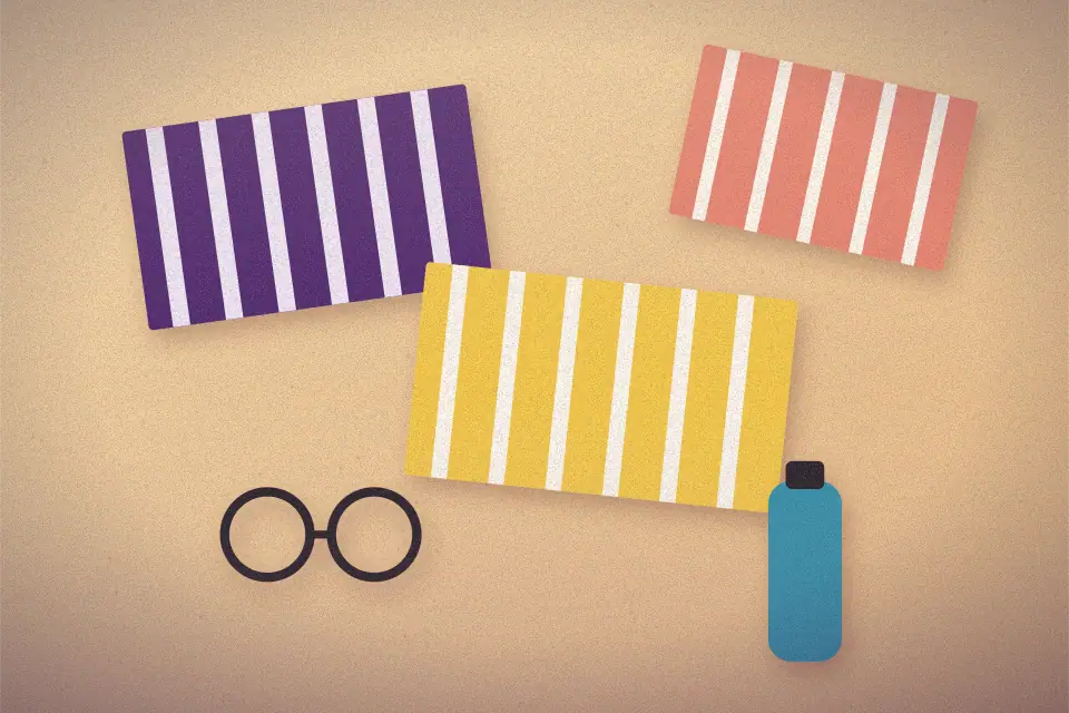 Illustration of striped beach towels and sunglasses on warm sand, seen from above
