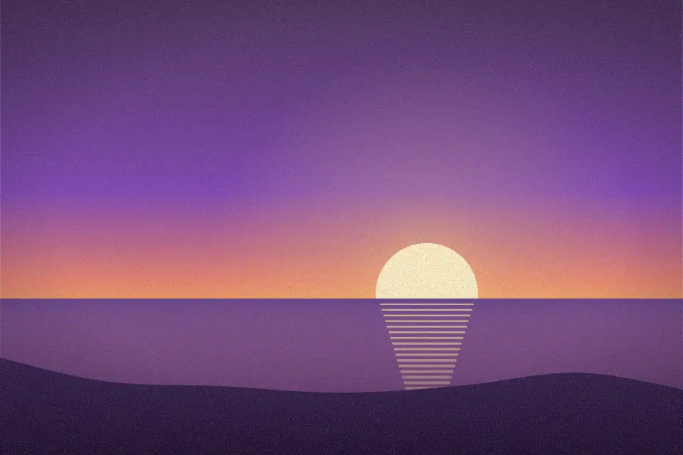 Illustration of a still sea at dusk with a low sun and its reflection