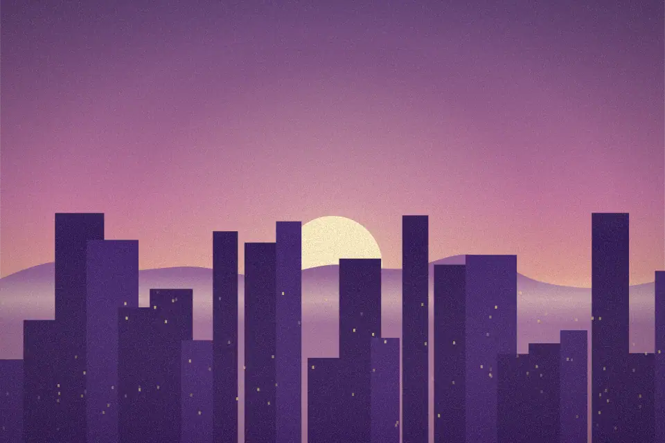 Illustration of a city skyline silhouetted against a hazy sunrise