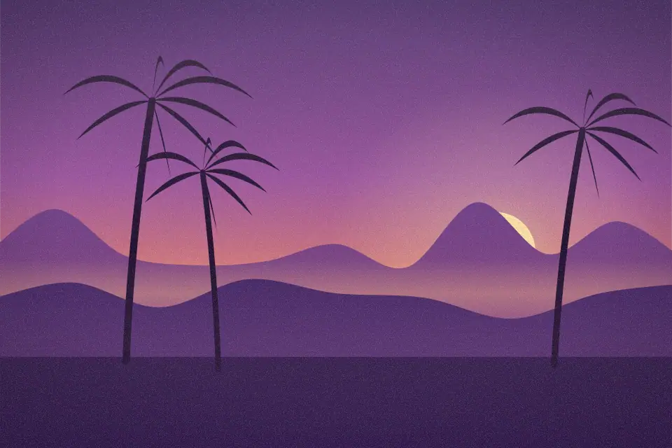 Illustration of slender palms against layered mountains at sunset