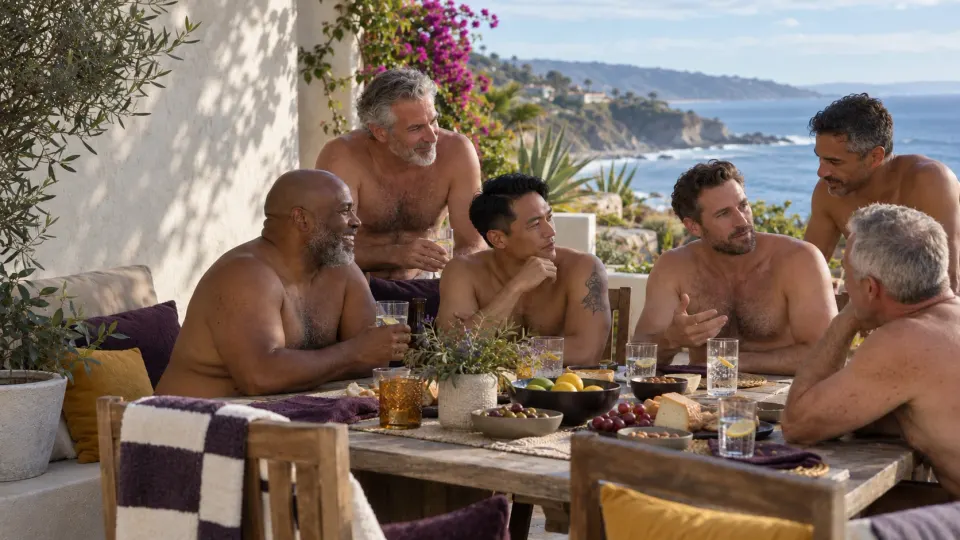A group of six men of different ages and backgrounds, shirtless, laughing around a long outdoor table of fruit, cheese and drinks, with a Southern California coastline behind them
