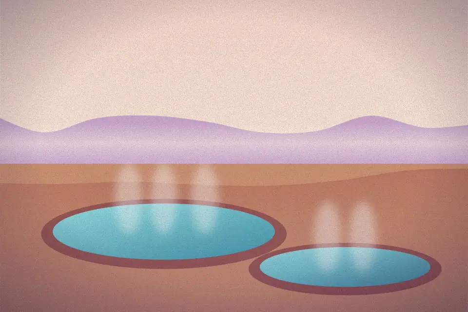 Illustration of steaming turquoise pools among desert rock at dawn