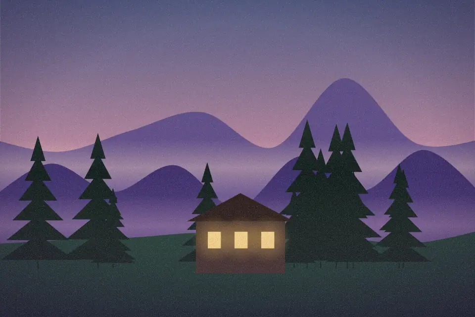 Illustration of a lodge below misty peaks with warm lit windows