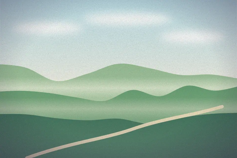 Illustration of rolling green ridges under soft clouds